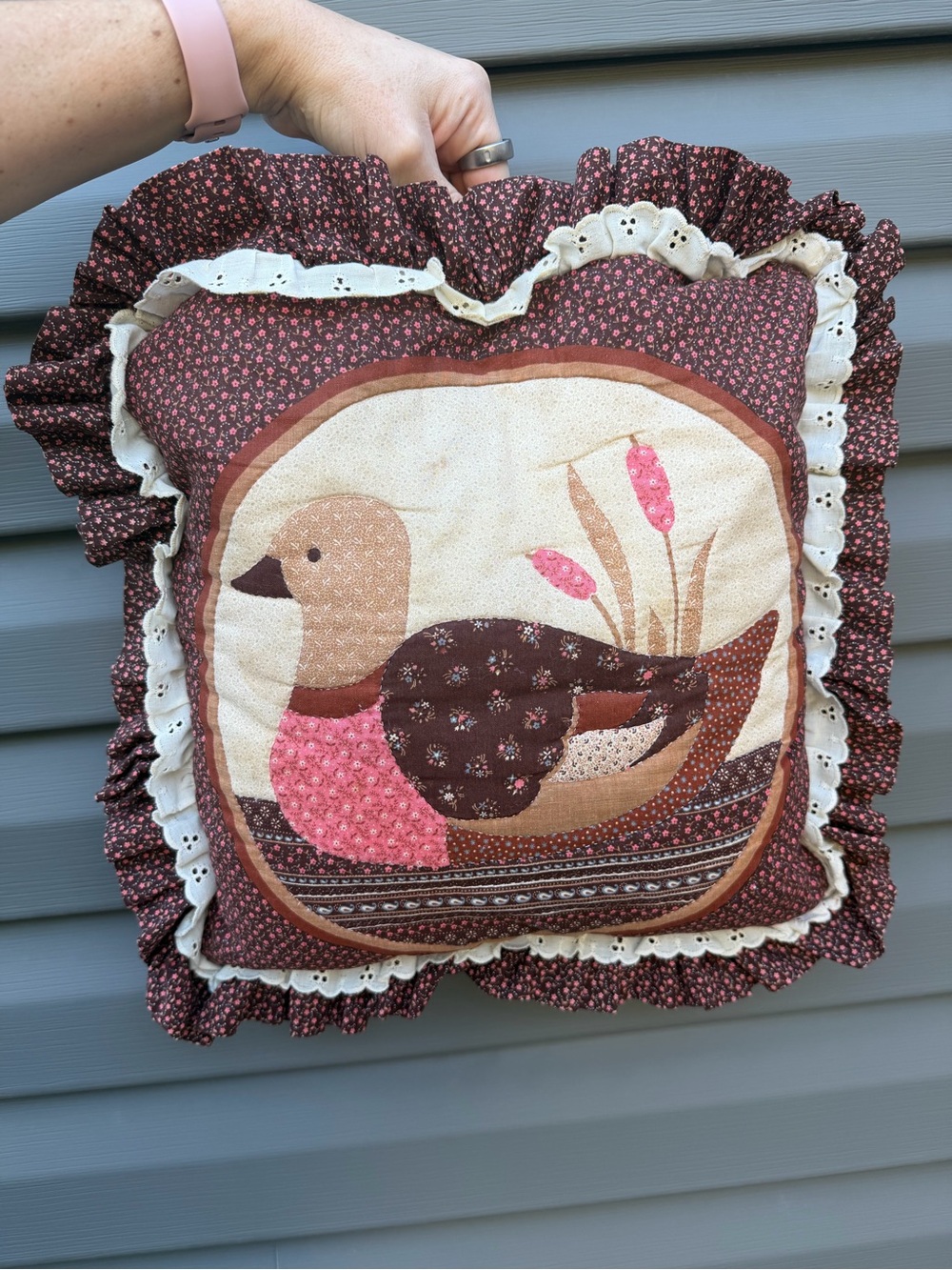 Handmade Mallard Duck Appliqué Throw Pillow in Brown and Pink